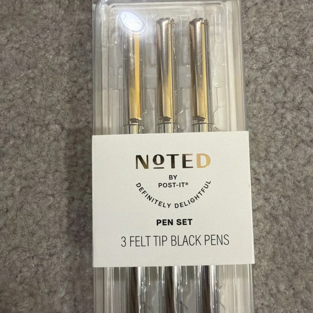 Noted By Post-it  3 Black Felt Tip Pens W/Metallic Silver Barrel